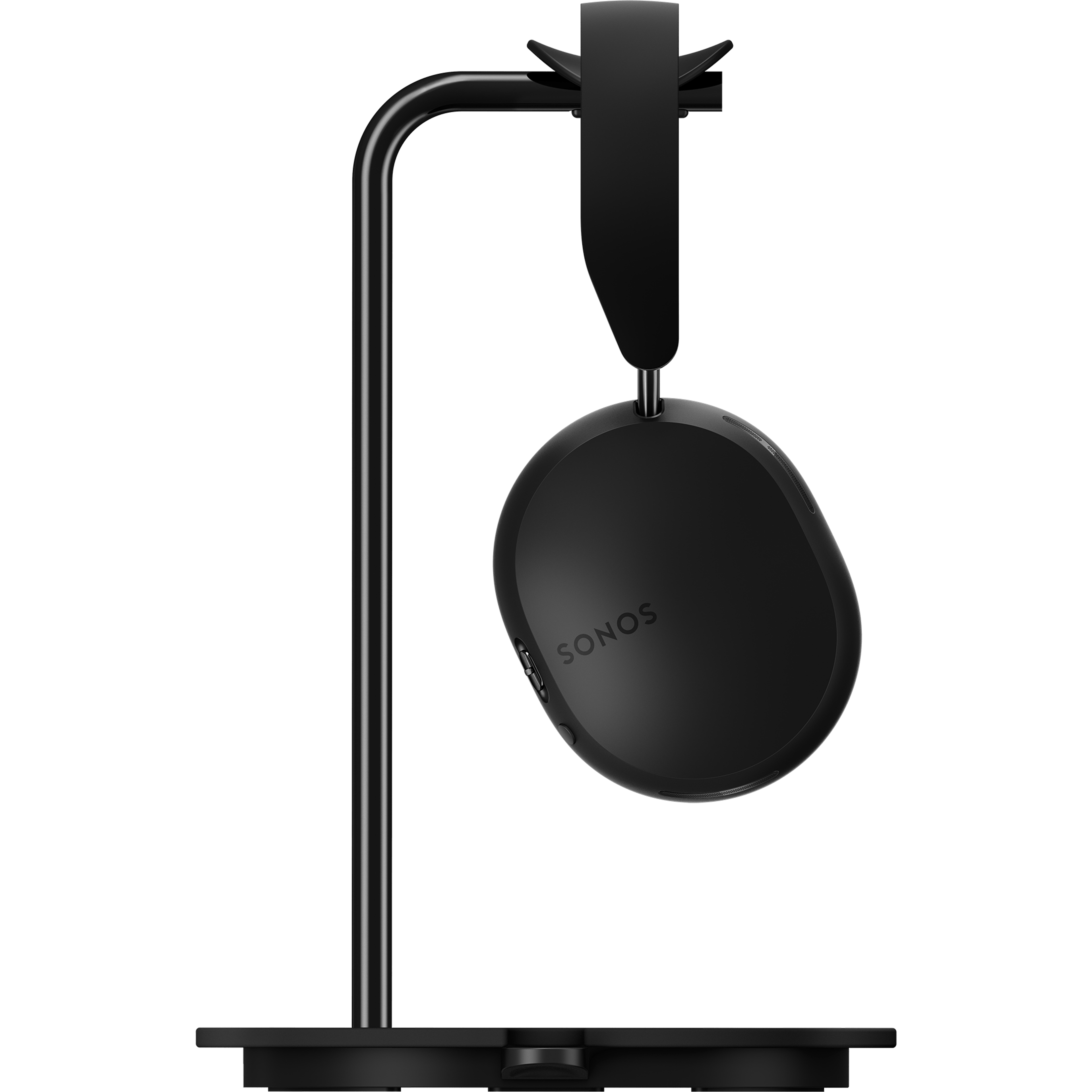 side view of black Sonos Ace headphones on Sanus Stand for Sonos Ace