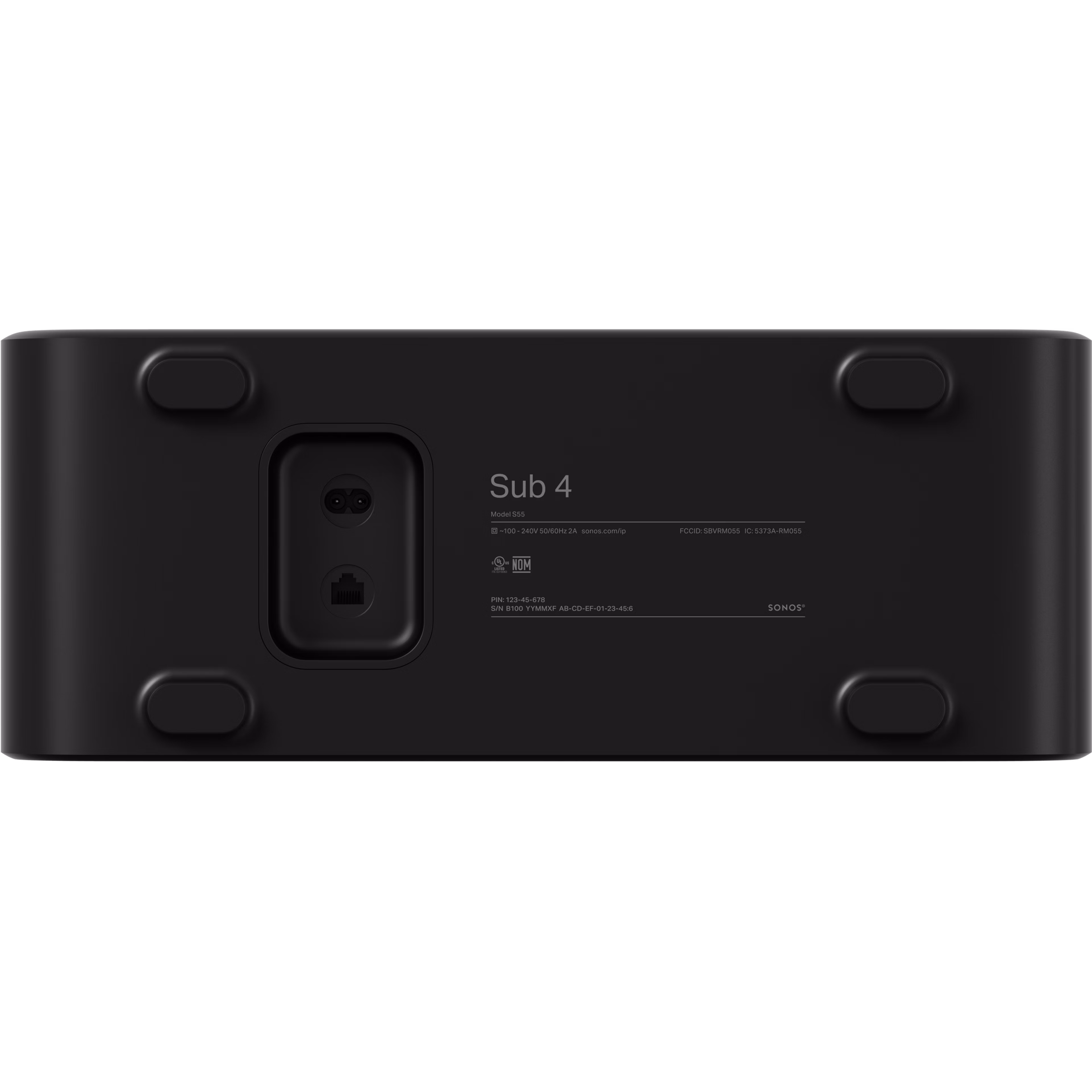 Bottom of a black Sub 4 and the power cord receptacle