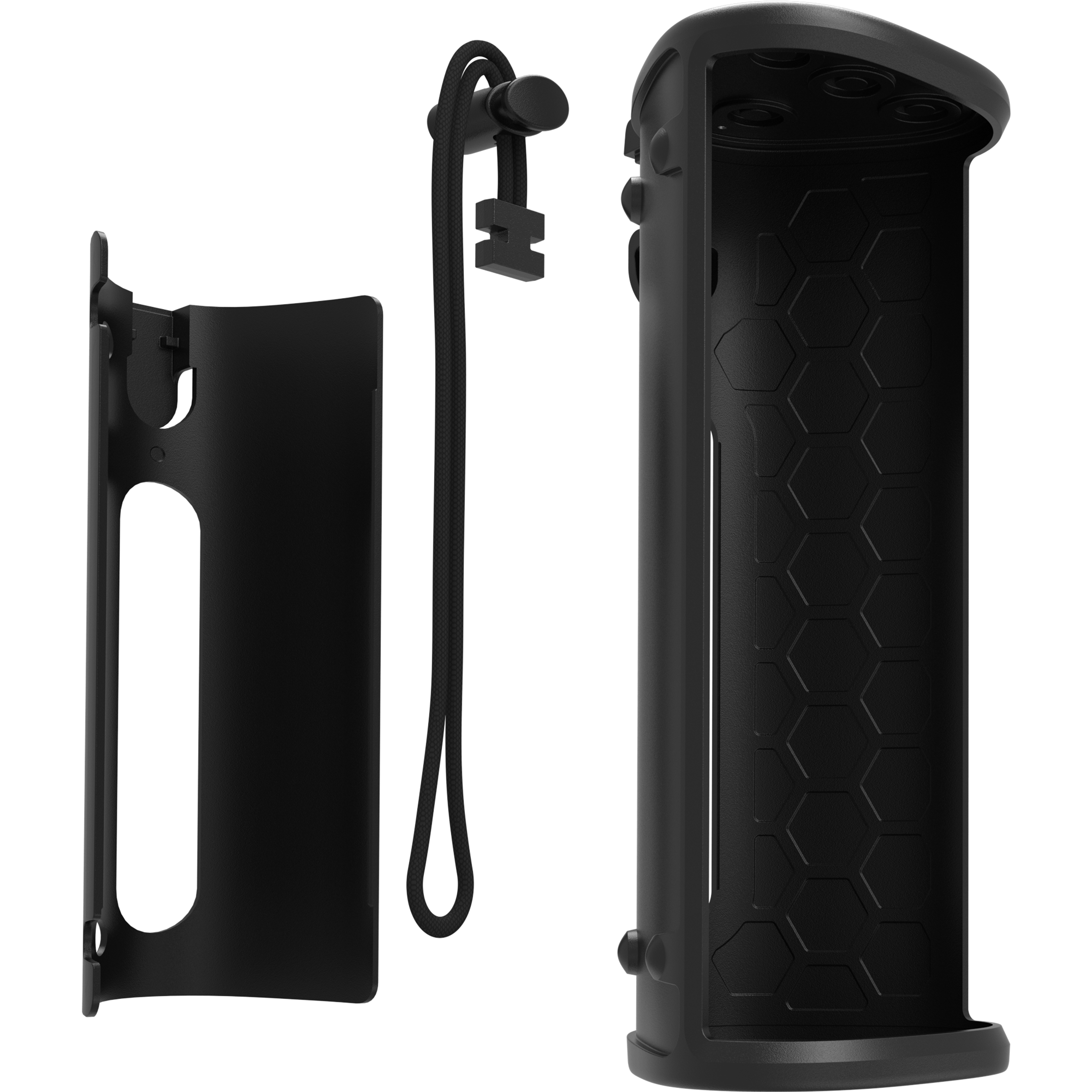 Image of an empty black Otterbox Sonos Roam case, deconstructed into its various parts