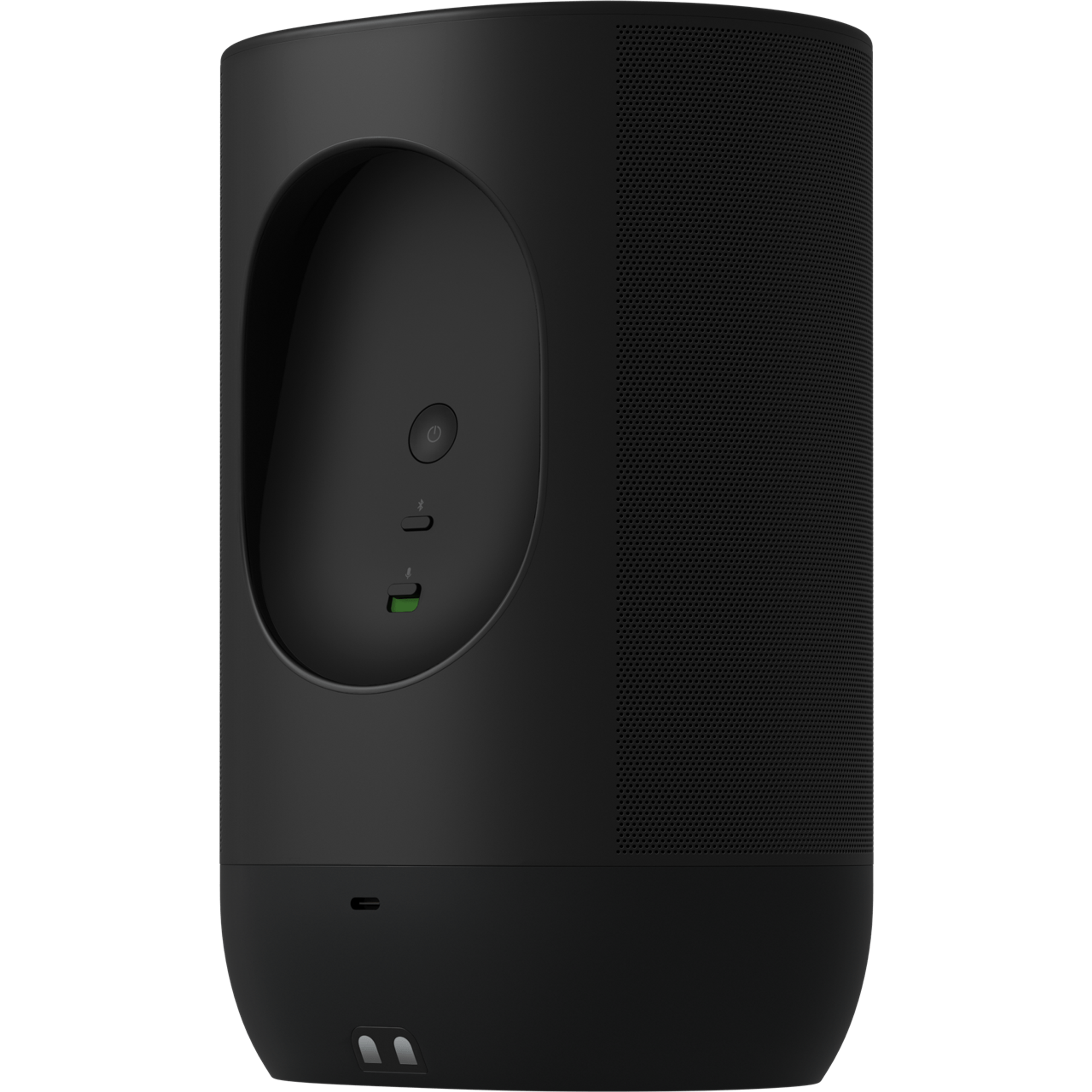 Image of the back of a black Sonos Move 2 turned slightly to the side