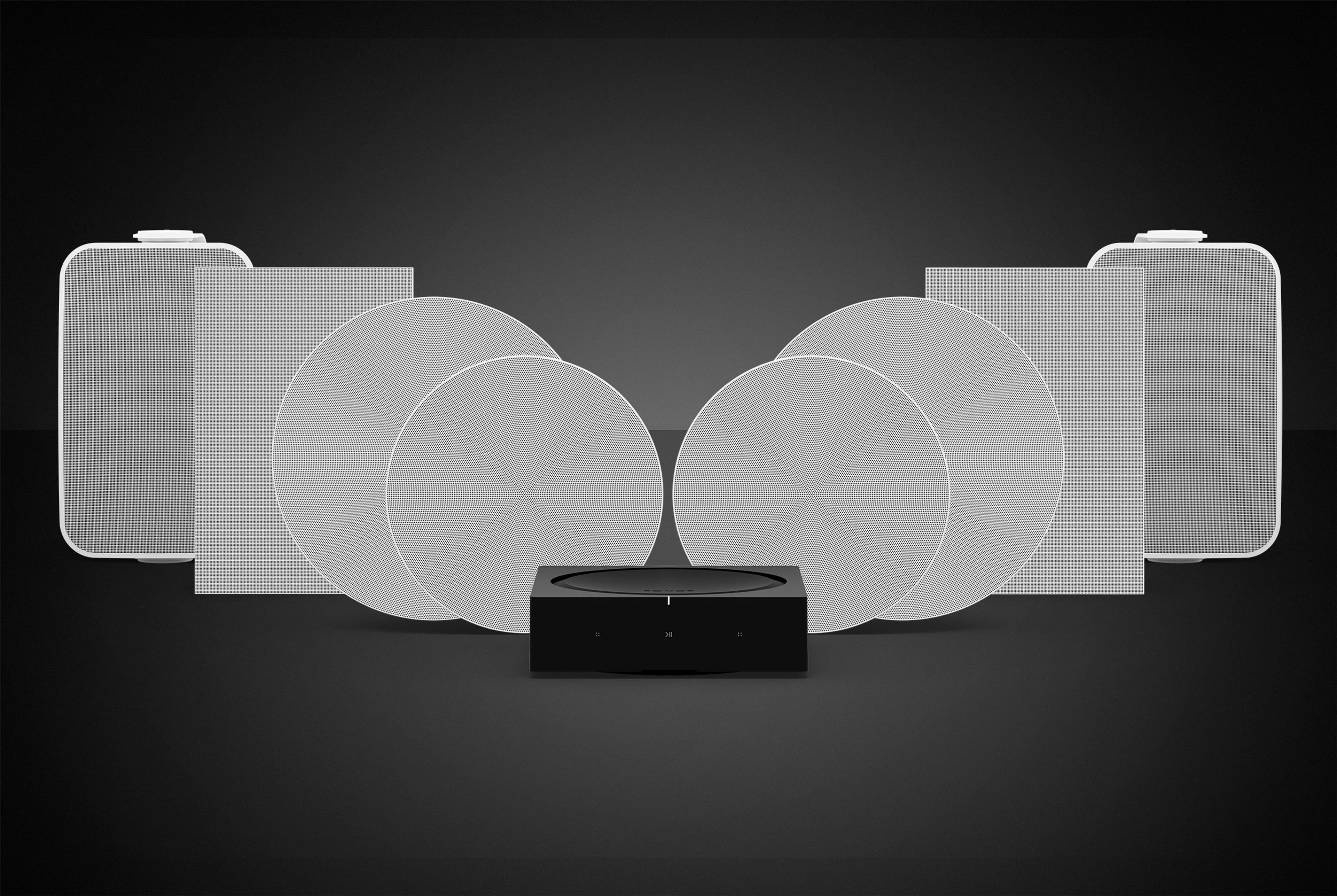 Entire Sonance line up of speakers, pictured with an Amp