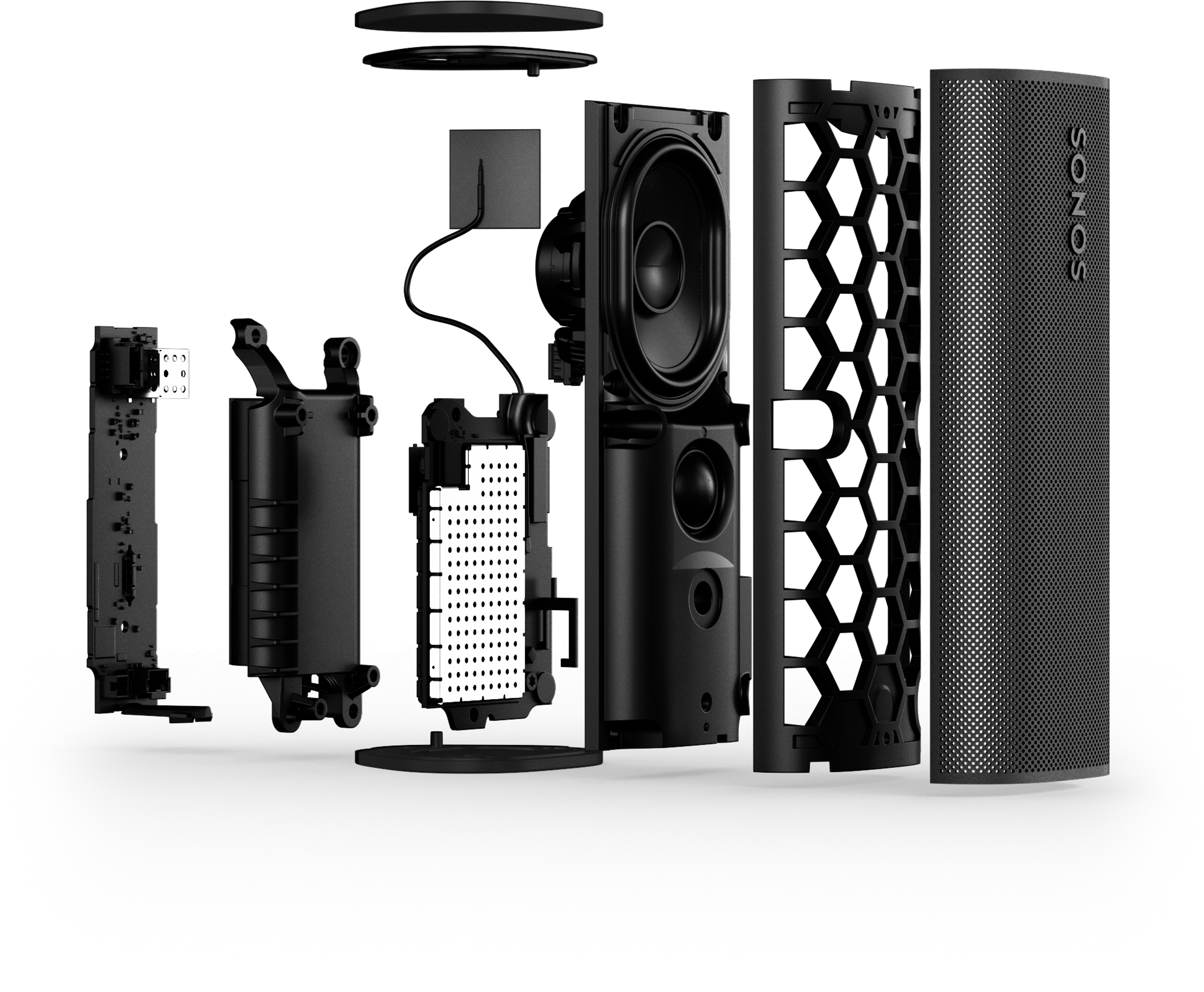 An exploded view of a black Roam 2 broken apart into its various components