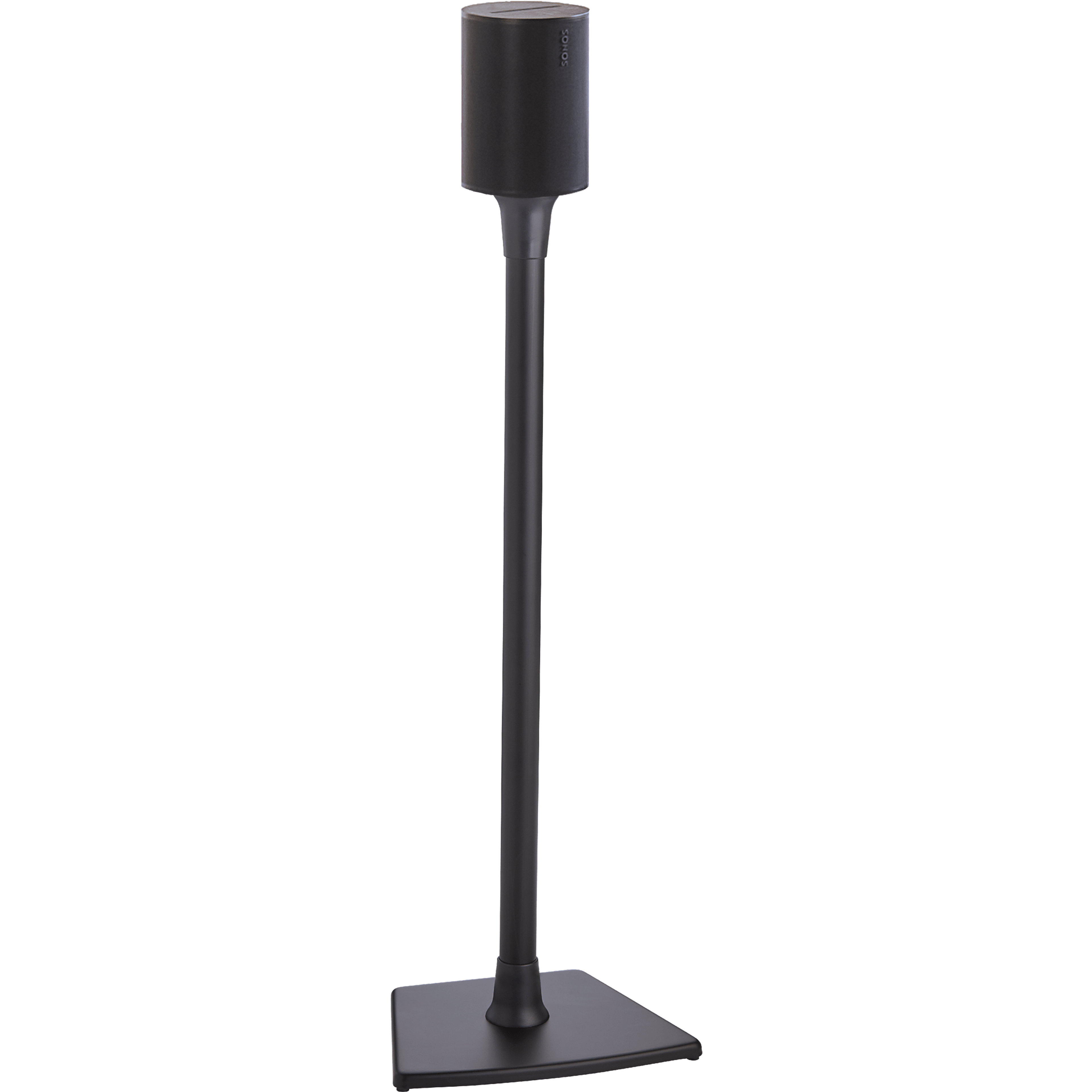 Image of a black Sanus stand holding a black Sonos Era 100 speaker
